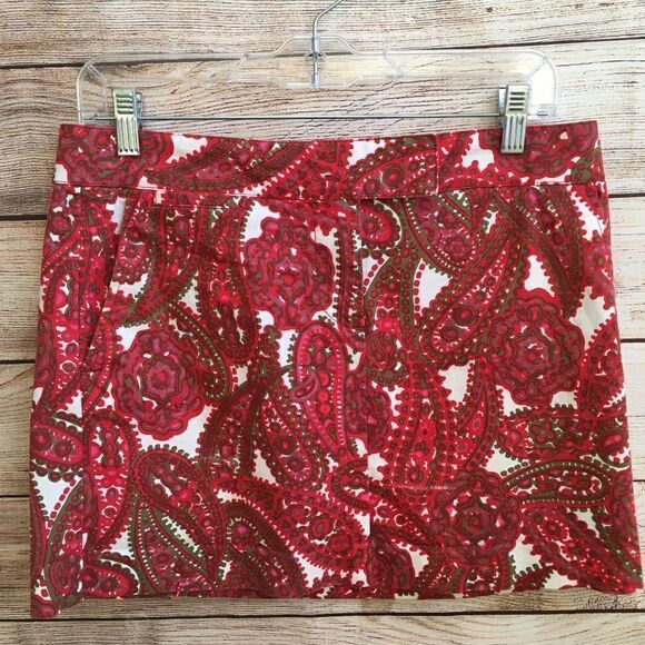 J CREW‎ MINI PENCIL SKIRT IN RED AND OLIVE GREEN PAISLEY - Picture 1 of 4